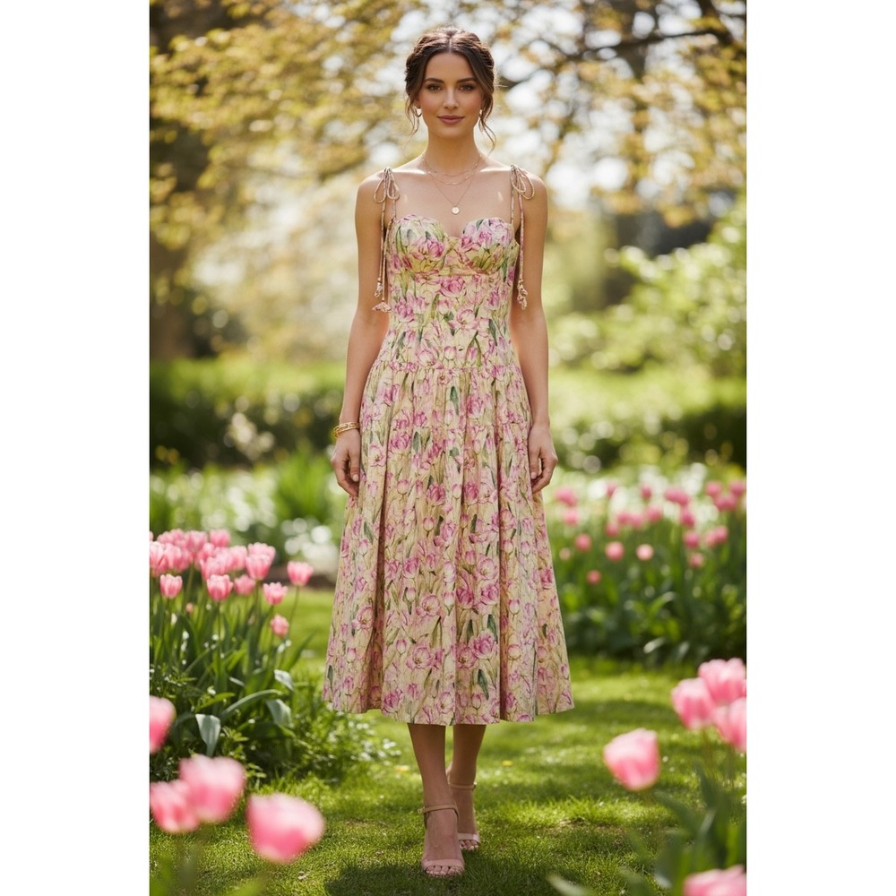 En Saison Dress Small Pink Floral Tulip Midi Bustier Smocked Tiered Feminine